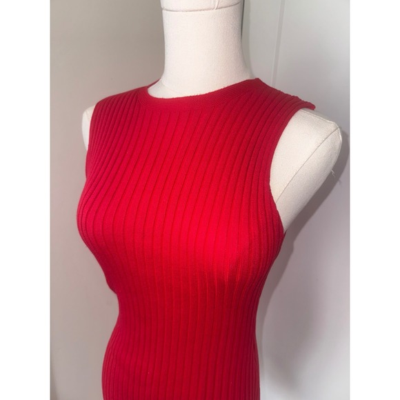 Women Red Sleeveless Ribbed Bodycon Midi Dress Ruffle Hem - Picture 2 of 5